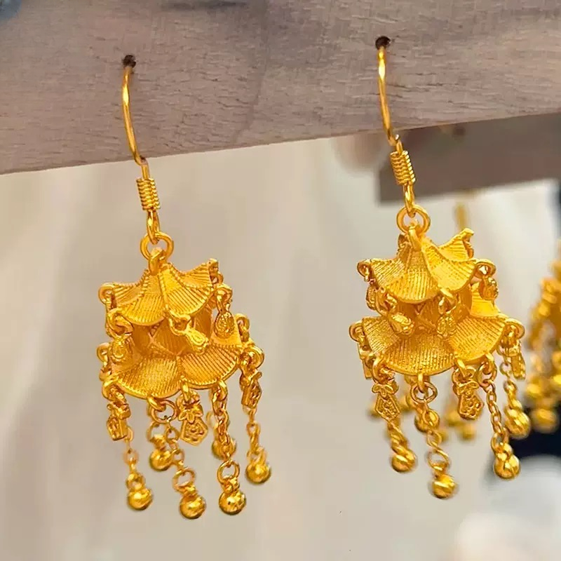 铜合金耳饰 花丝亭台楼阁宫灯流苏耳钩