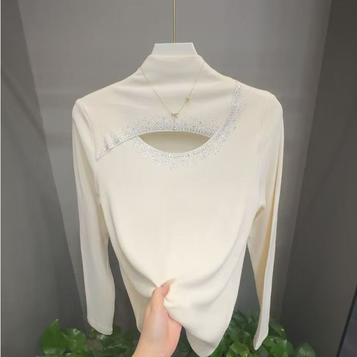 2025大码冬季显瘦遮肉粘钻双面磨毛薄绒镂空设计感女打底衫806