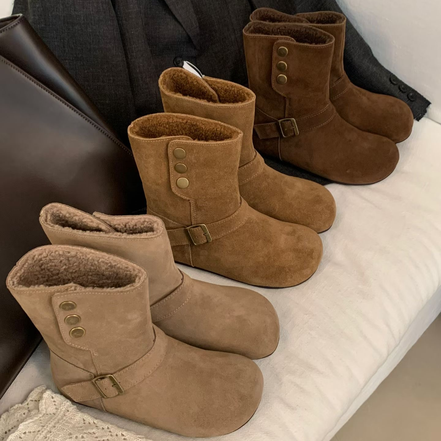 855-12内增高真皮勃肯靴女秋冬加绒加厚保暖棉鞋雪地靴