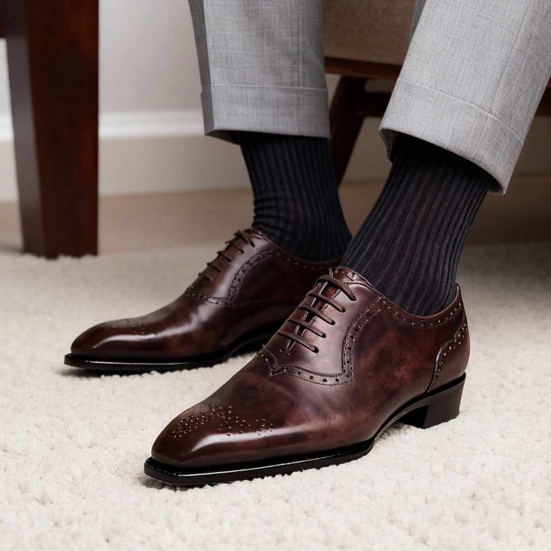 布洛克牛津鞋正装皮鞋纯手工固特异琴底真皮透气男款英伦风
