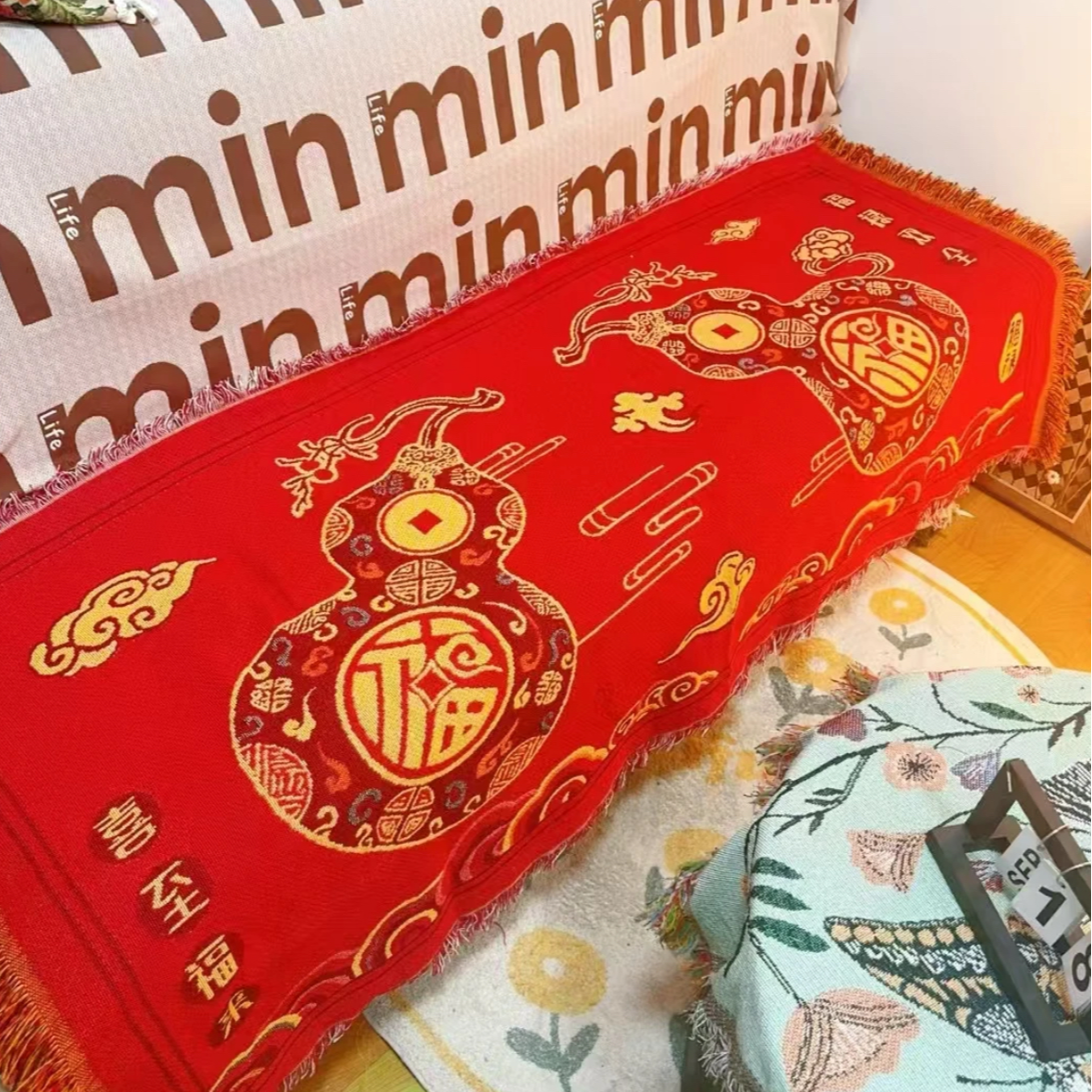 纯棉复古沙发巾--葫芦报福 90*240-1