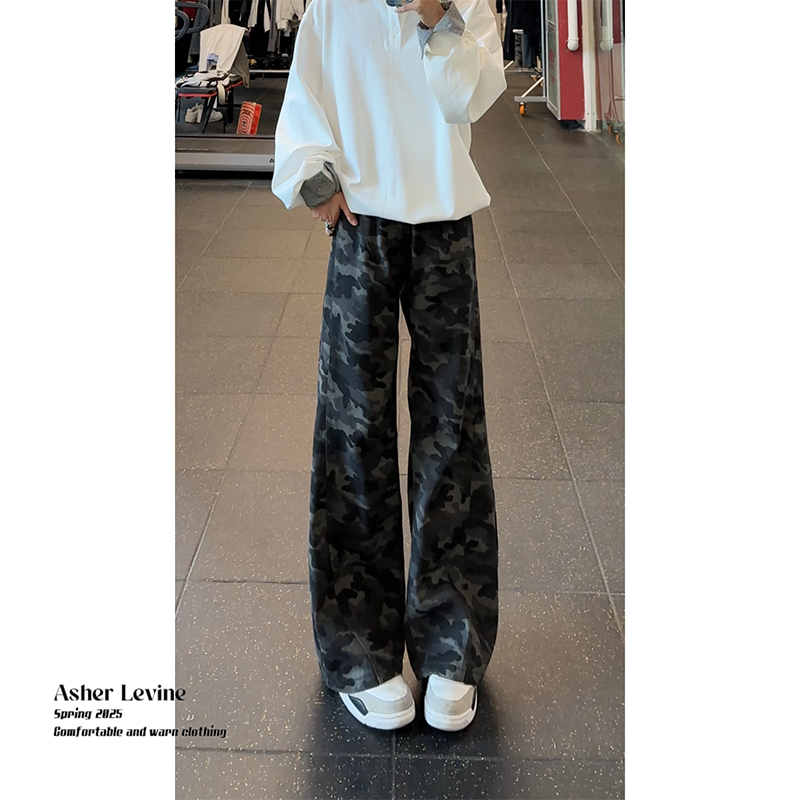 美式复古设计感迷彩裤男2025新款阔腿牛仔裤小众高级感百搭拖地裤