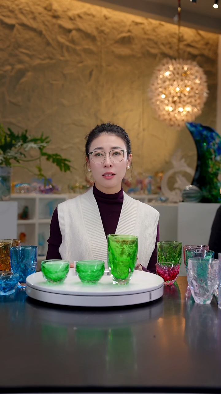 手工艺品琉璃祖母绿肌理纹设计款杯子1大2小