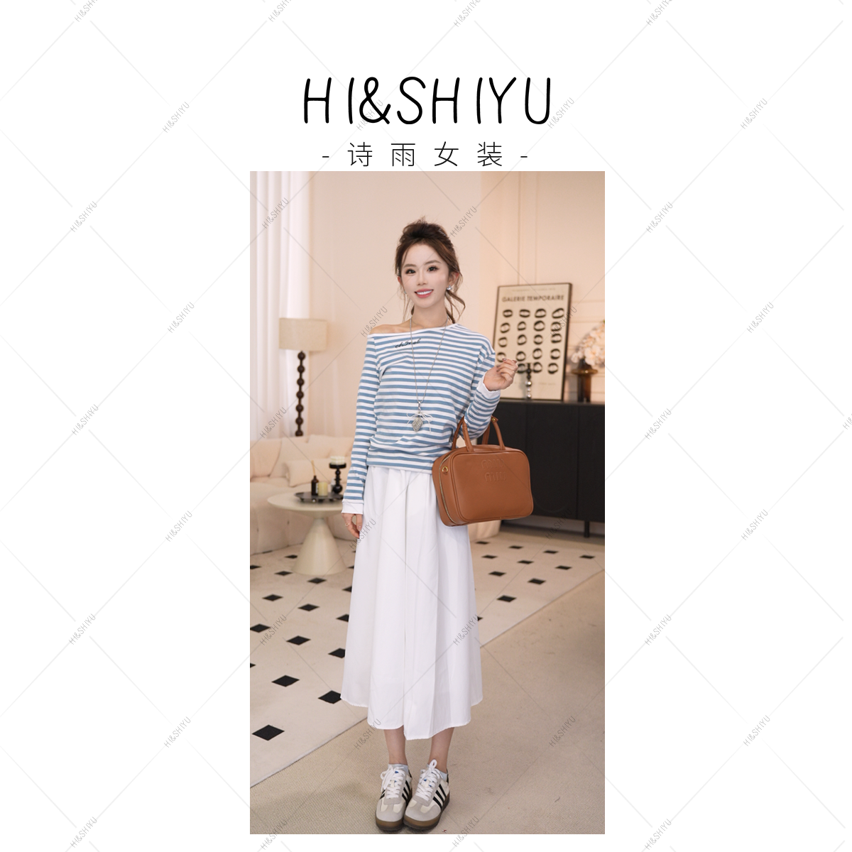 HISHIYU【邻家女孩】春斜领露肩条纹长袖T恤+气质高腰半身裙两件套