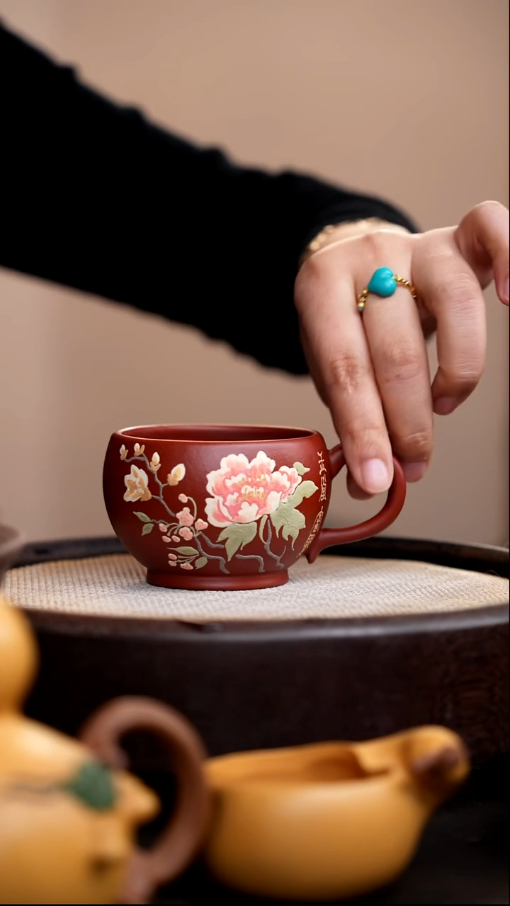 茶壶紫砂朱泥牡丹手把杯