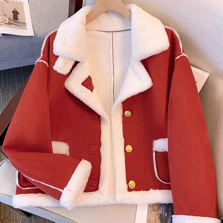 【C4111-C4120】春秋冬女装外套洋气短款加绒冬季毛绒皮毛一体加厚