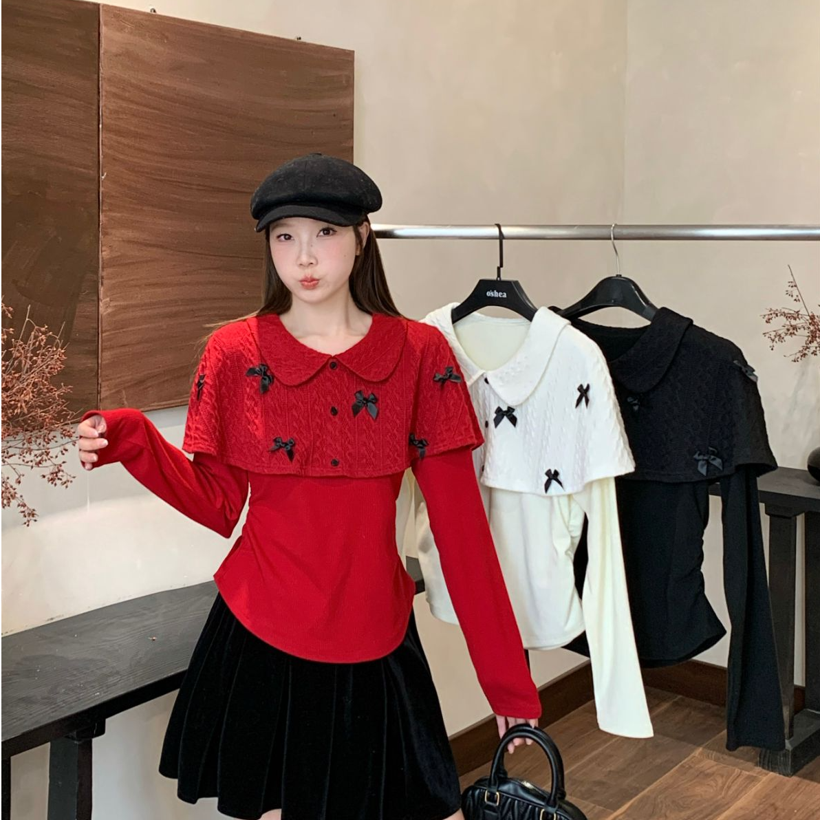 2025新款胖mm大码女高级感娃娃领斗篷圣诞叠穿假两件上衣A2746