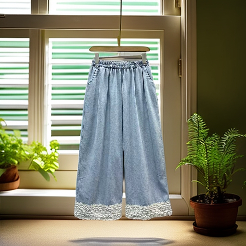 《米粒》82922森系小清新松紧腰拼接花边刺绣百搭减龄牛仔裤