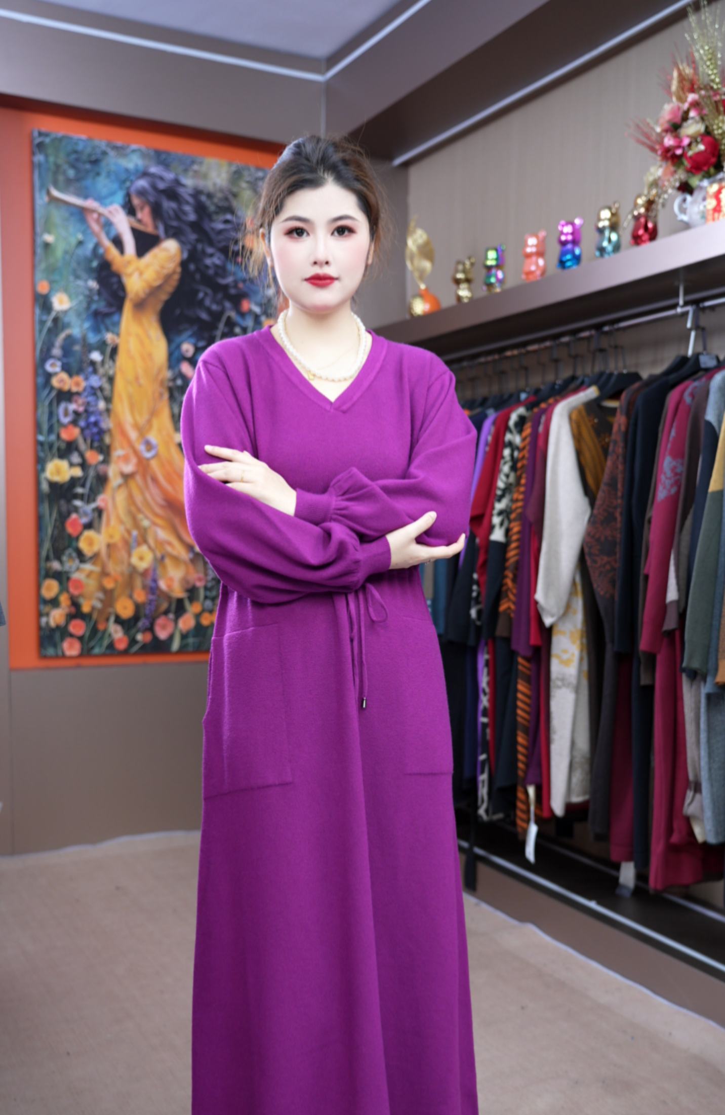 0116秋冬新款紫色显白宽松大码遮肚显瘦长款连衣裙