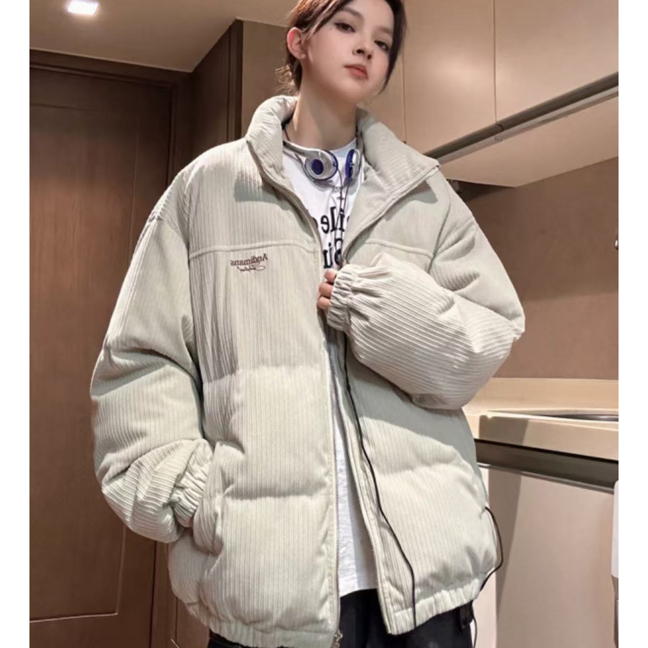 8168 M灯芯绒刺绣棉衣棉服女冬季美式复古学院风高级感棉袄外套