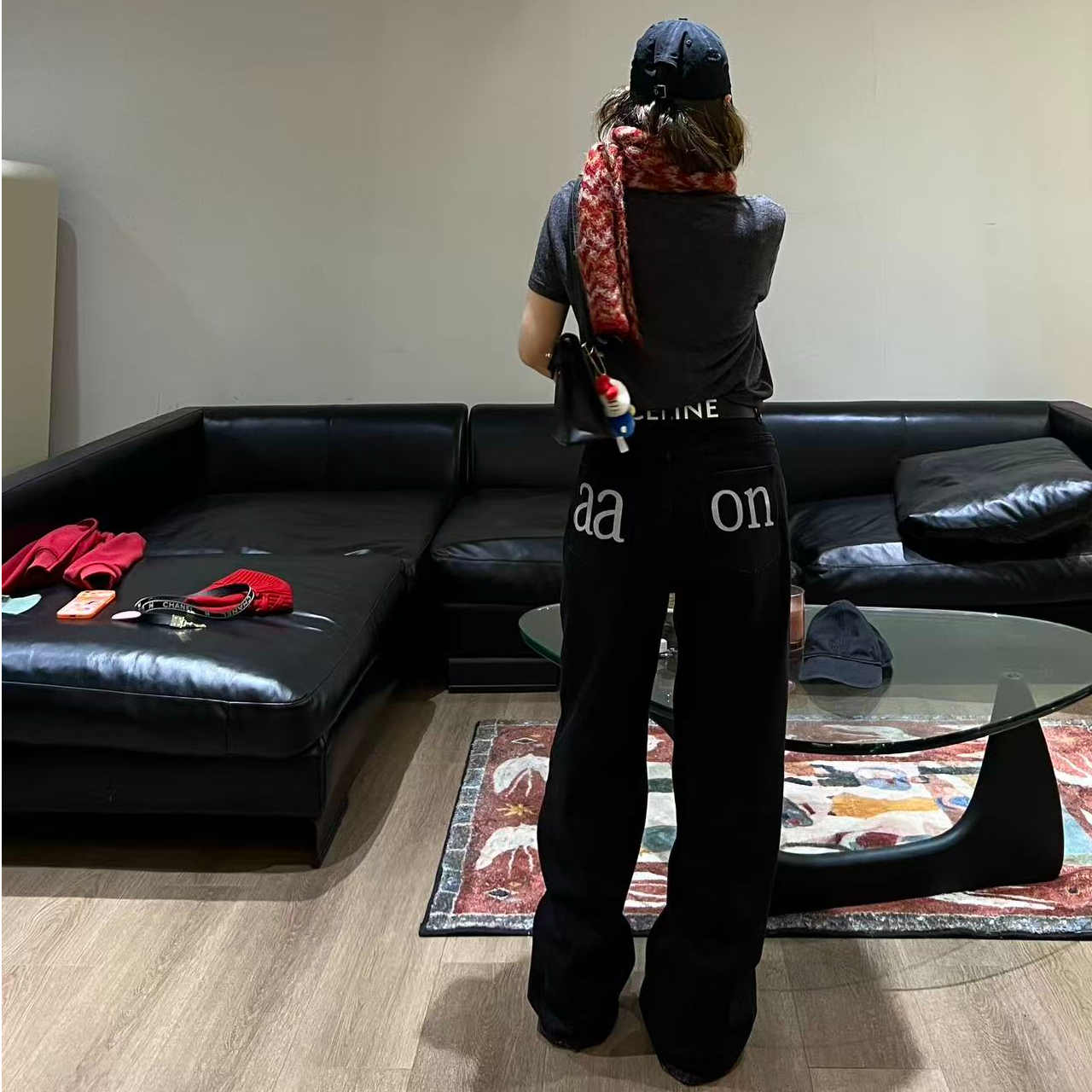 YOON深圳原创【口袋牛仔】设计感后字母印花加绒直筒牛仔裤