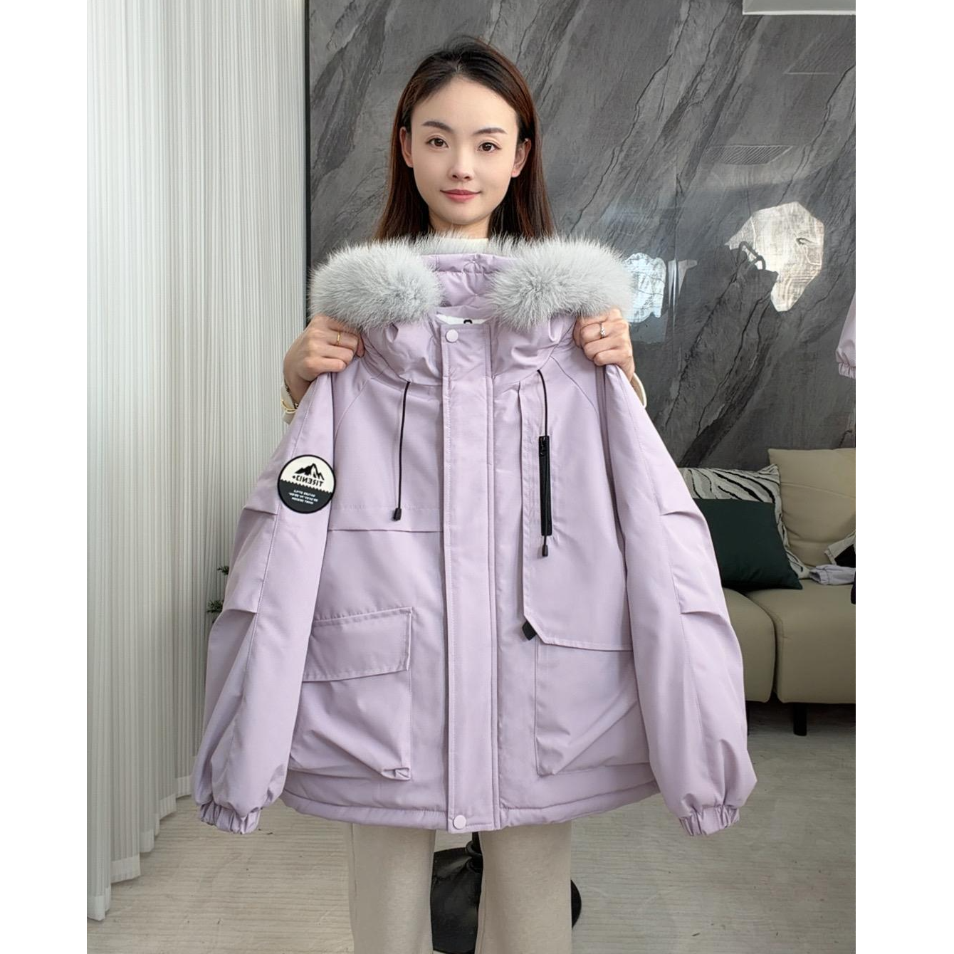 棉服厚款派克服加绒女童时尚保暖连帽中小童大毛领加厚棉服zb0908