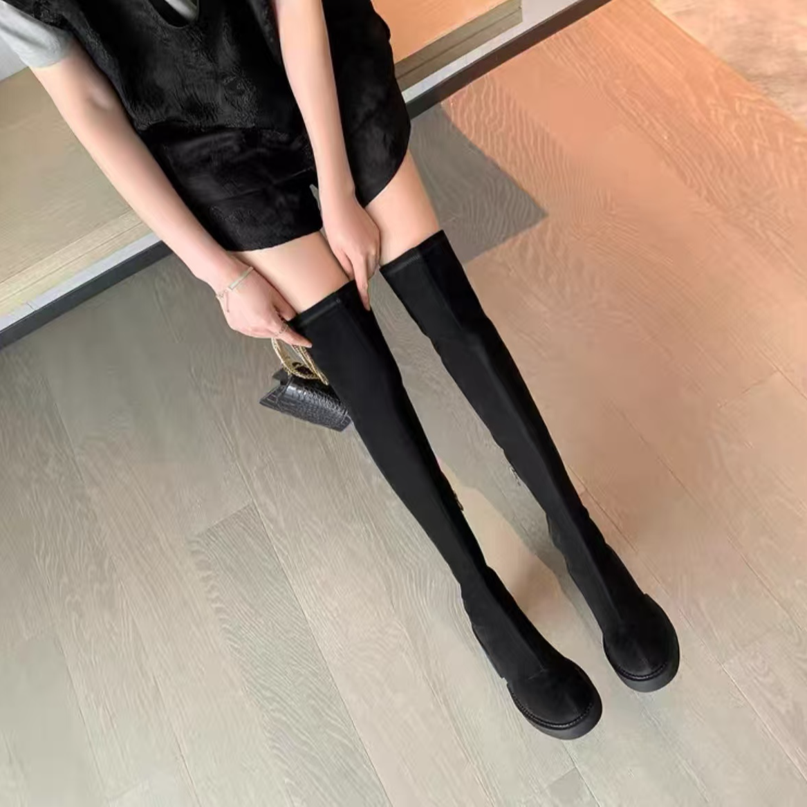 6523新款长筒靴过膝靴秋冬长靴粗跟女士百搭时尚羊猄绒弹力骑士