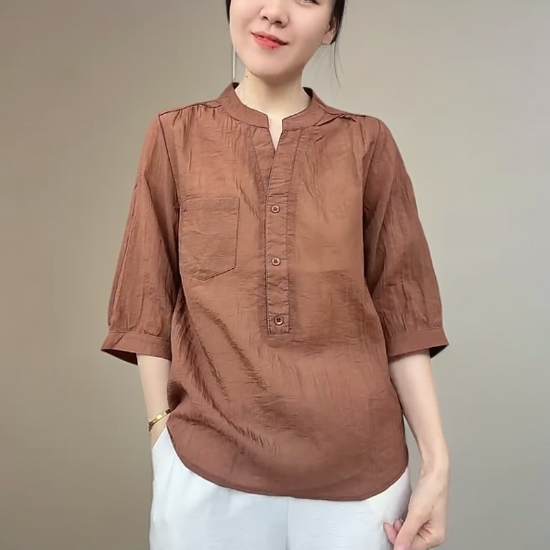 时尚中老年夏装中袖衬衫洋气妈妈装休闲百搭宽松显瘦上衣V领小衫