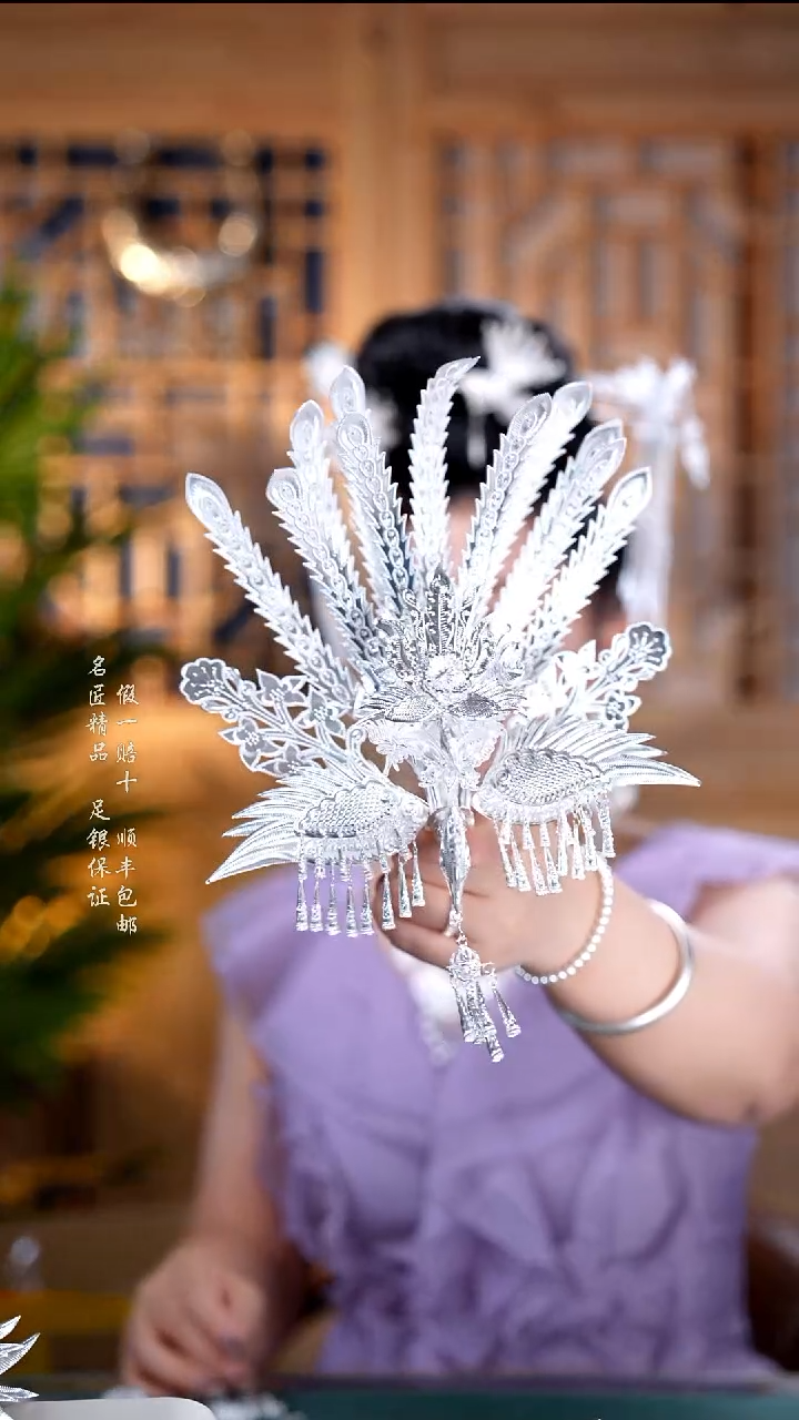 珐琅足银11尾凤凰头钗117克