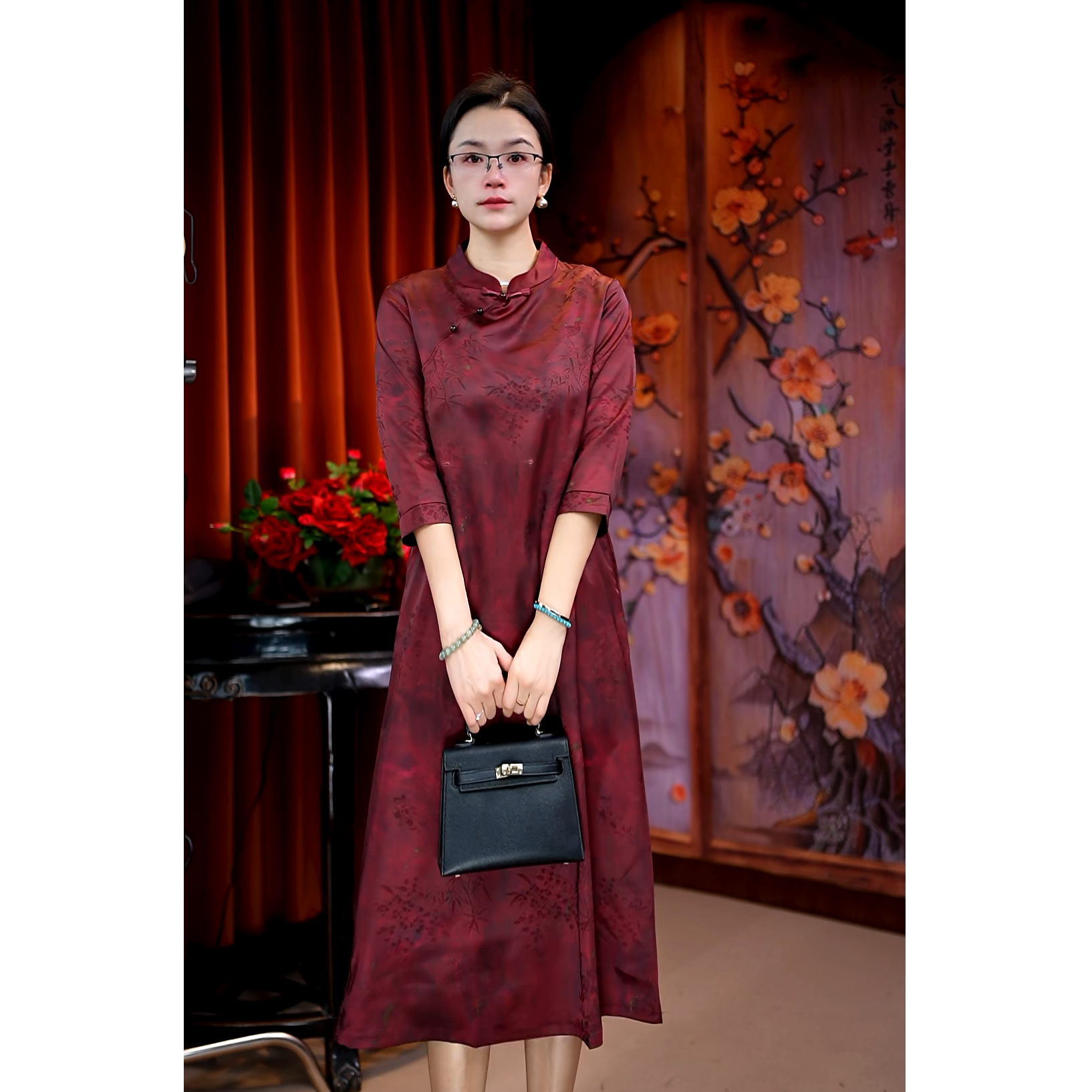 （赤霞）扎染不褪色套头中长裙秋季连衣裙绣花中国风提花时尚