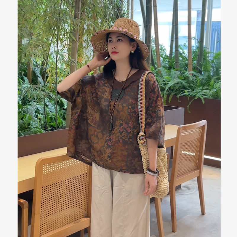 花汐语【仲夏夜之梦】正品原版 100%42支V领撞色苎麻短袖休闲衬衫