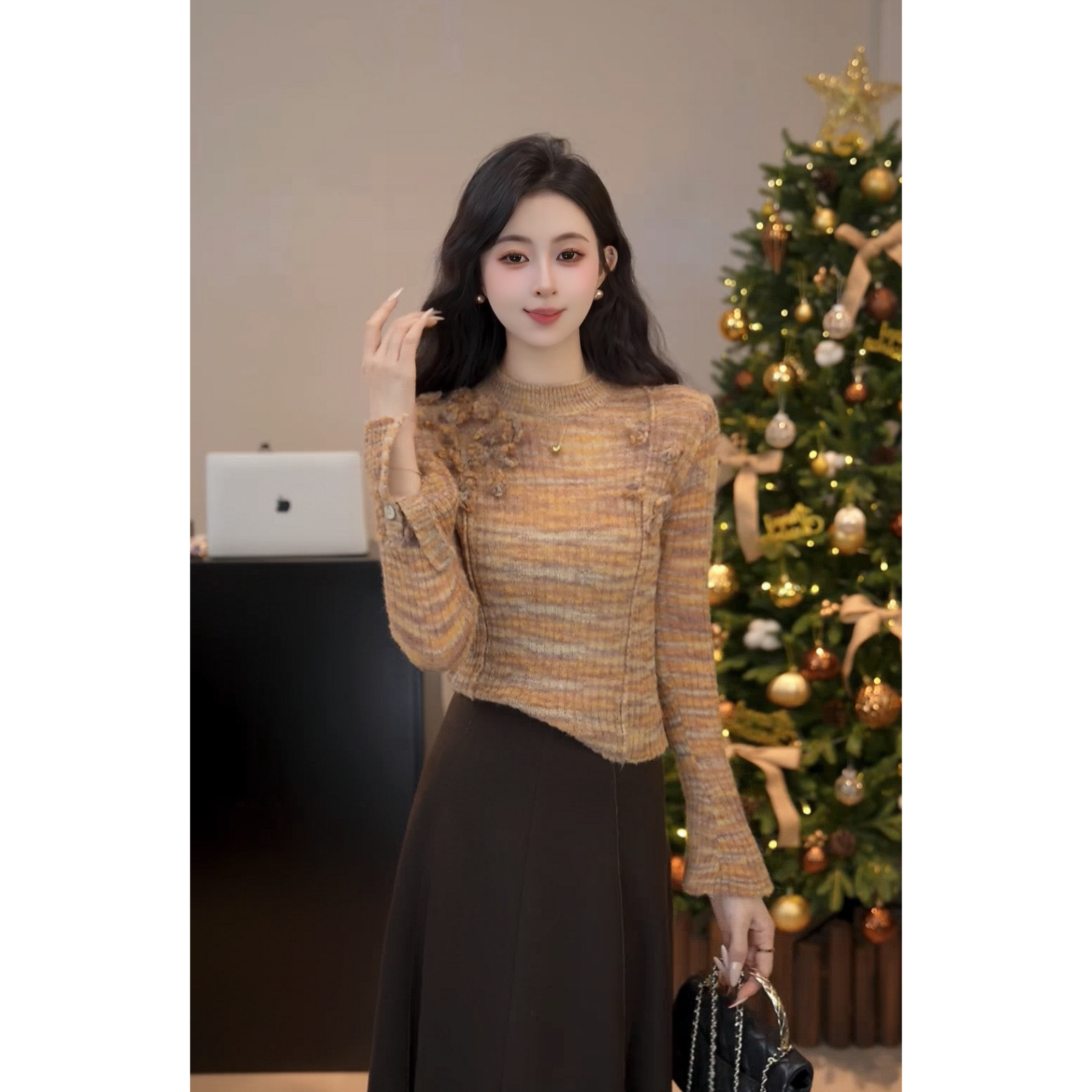 【橙果气泡】复古显瘦针织花朵立体装饰毛衣秋冬