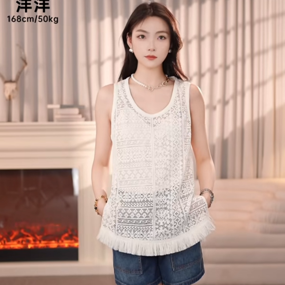 AMASS/阿玛施新款复古文艺镂空蕾丝圆领无袖宽松上衣女530049