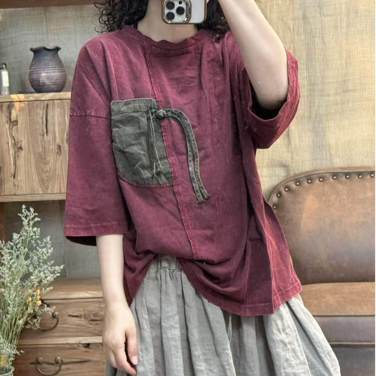 [四月阳光]夏季棉料炒色做旧贴口袋休闲女士T恤(长63胸围130)