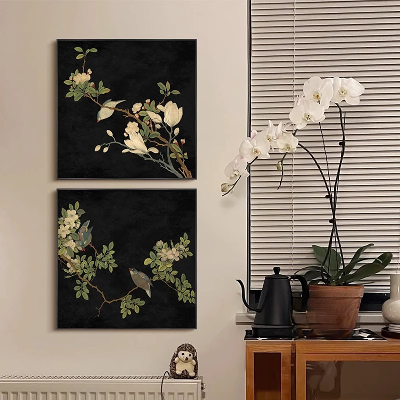 中古风喜上眉梢正方形客厅装饰画新中式花鸟图沙发墙挂画玄关壁画