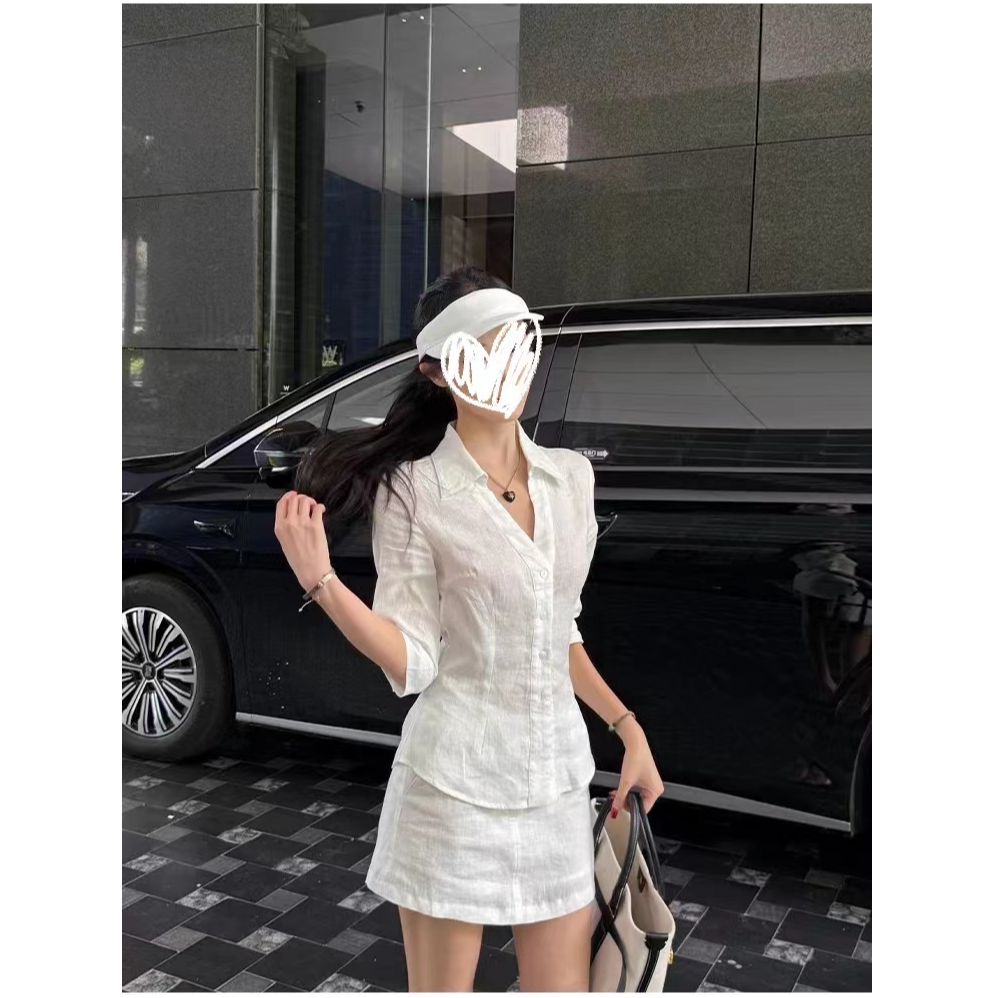 优秀的金蘑菇 智性氧气感 气质高质麻衬衫/短裙套组