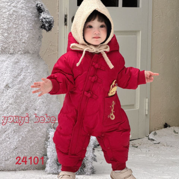 婴儿好运常在冬季满月百天周岁日常外出服哈衣白鸭绒羽绒服4101