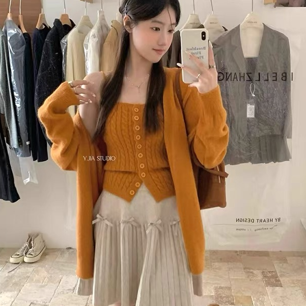 秋季韩系慵懒风麻花针织两件套装背心+v领宽松简约纯色开衫外套女