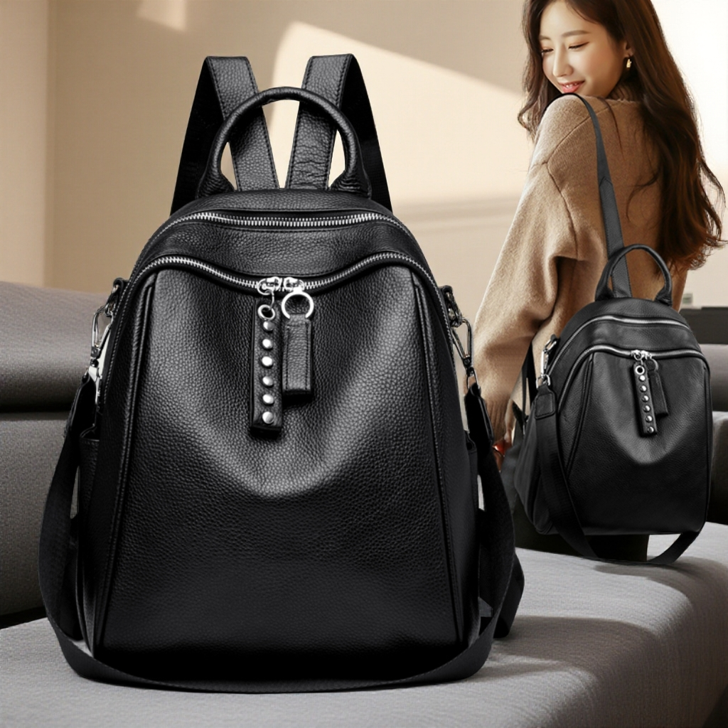 牛皮双肩包真皮时尚百搭大容量女士背包休闲多层牛皮背包通勤女包