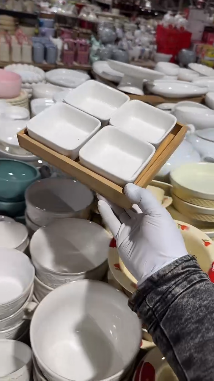 陶瓷方碗木托盘5件套微瑕 凑满20元包邮