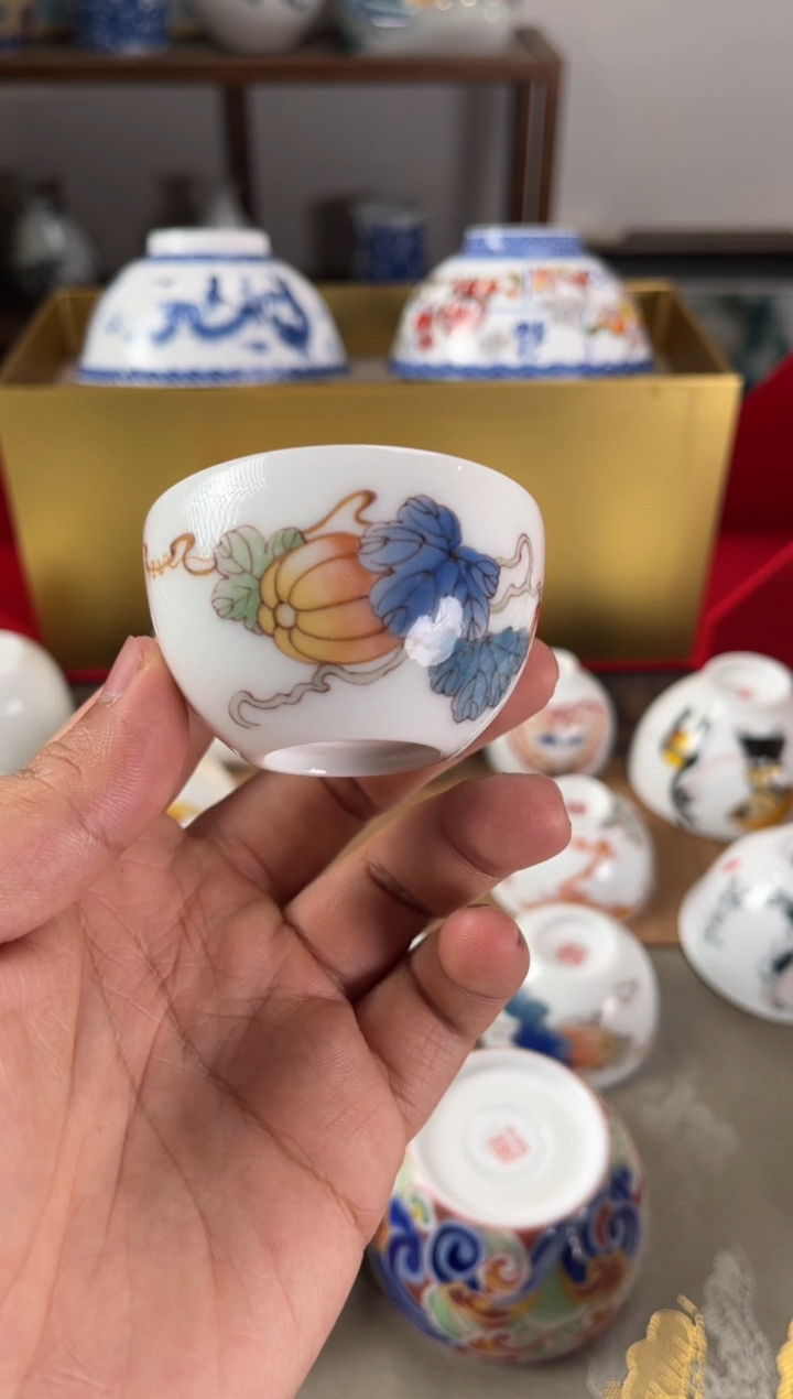 【闪购商品】景德镇文祥窑手工釉下彩陶瓷南瓜单杯