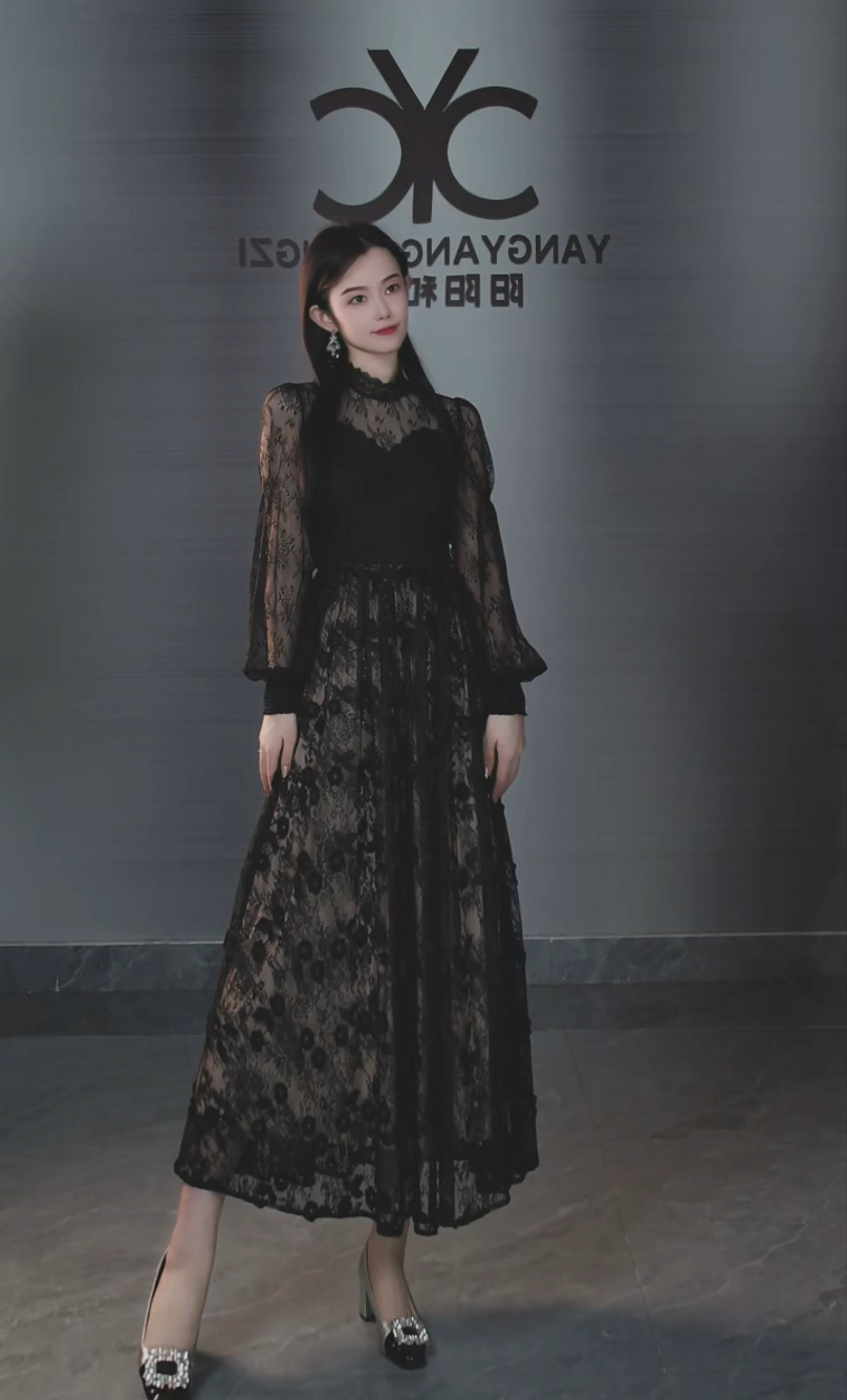 蔷薇公主105049黑色重工刺绣蕾丝连衣裙显瘦复古名媛小黑裙优雅