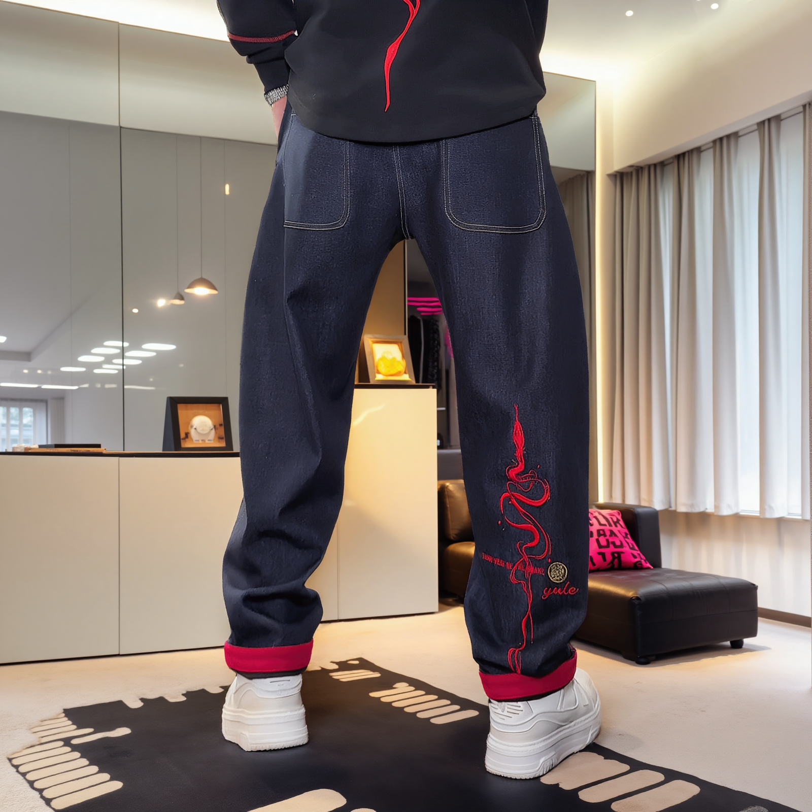 早春年款牛仔裤宽松直筒百搭刺绣裤子休闲裤春秋阔腿裤子男潮