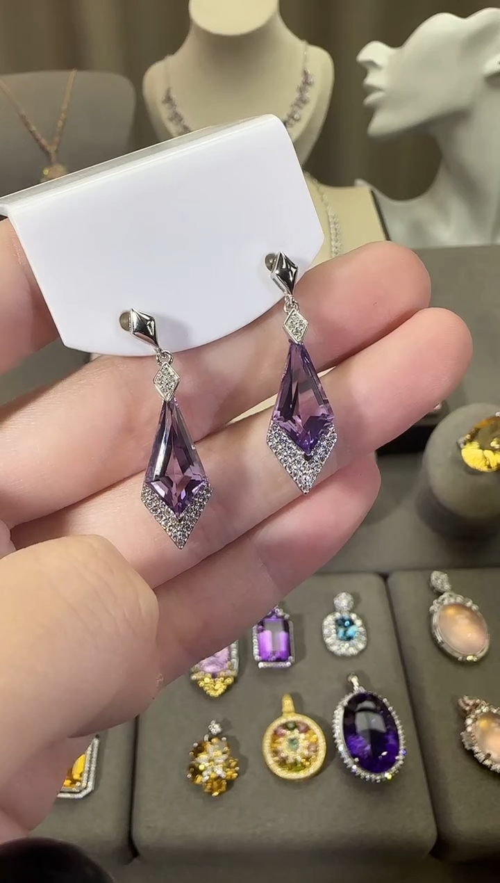 银S925镶嵌耳饰紫晶8*14mm耳坠菱形设计款