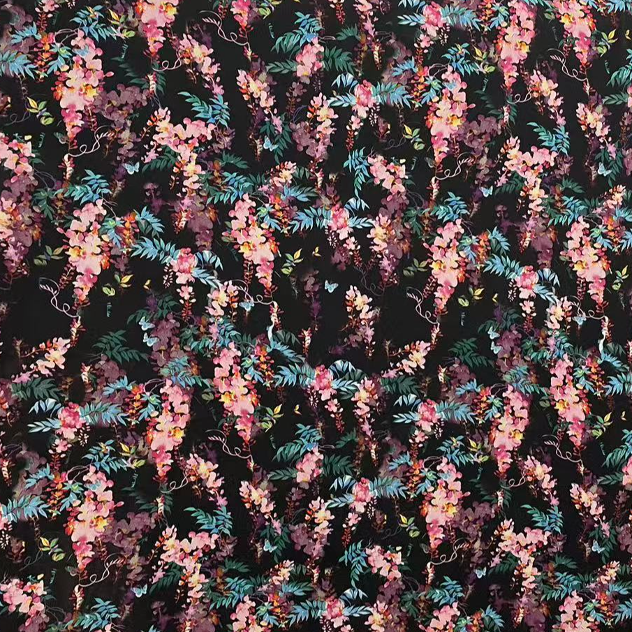 【黑底蓝粉花色花弹力双绉】面料布料时尚时装面料