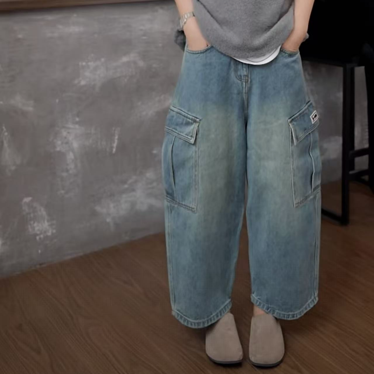 TY007经典韩时尚休闲百搭款橡筋腰工装牛仔裤