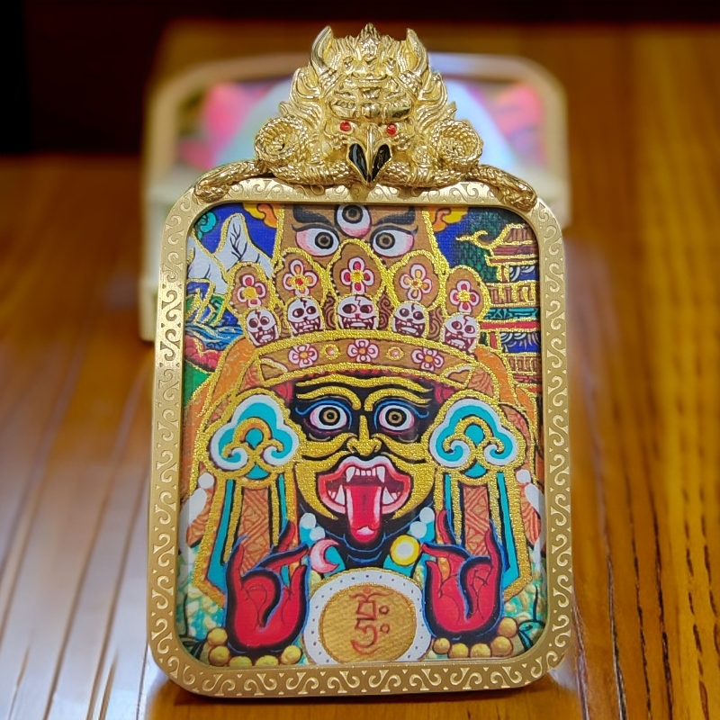 【藏艺工坊】热贡纯手绘唐卡矿物质颜料勉唐画派大鹏护法纯铜嘎乌盒