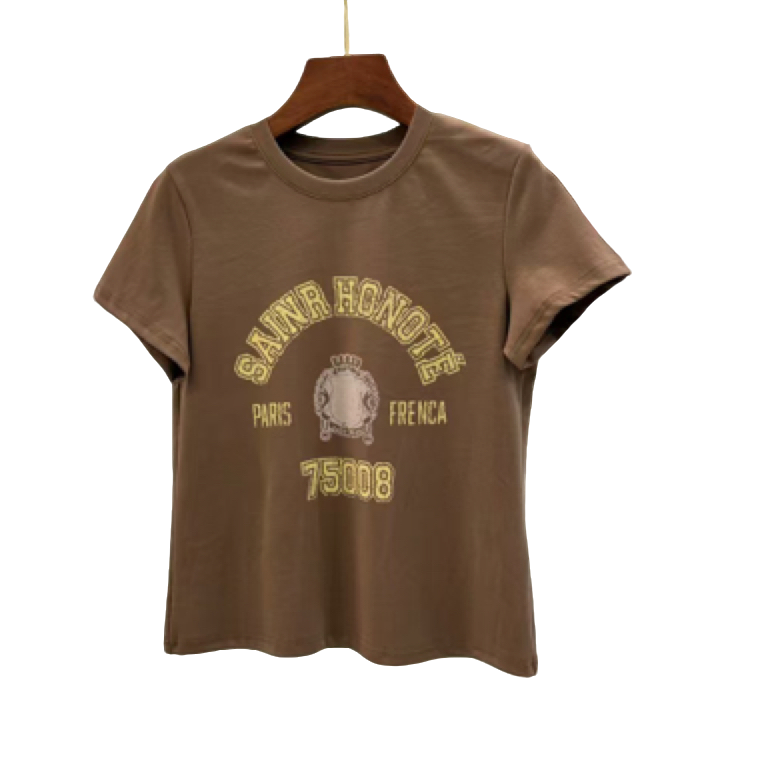 休闲风复古咖色T恤8057