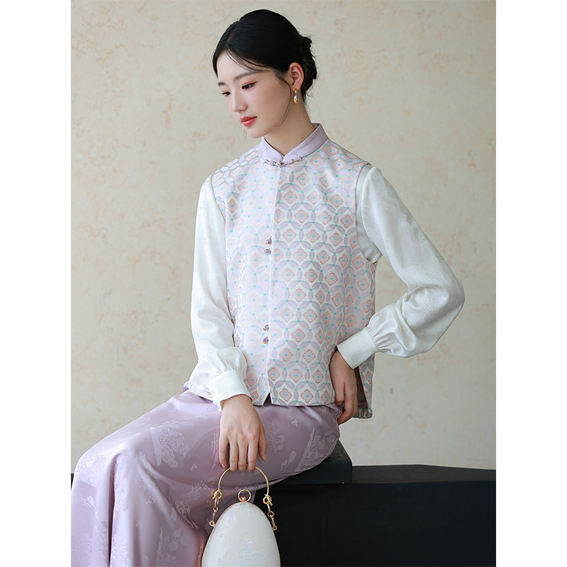 初蝉衣事新中式国风复古提花马甲女新款立领叠穿上衣外套409021-N