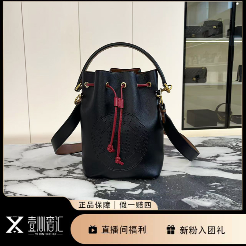 95新 FENDI/芬迪 黑金水桶包牛皮手提斜挎包
