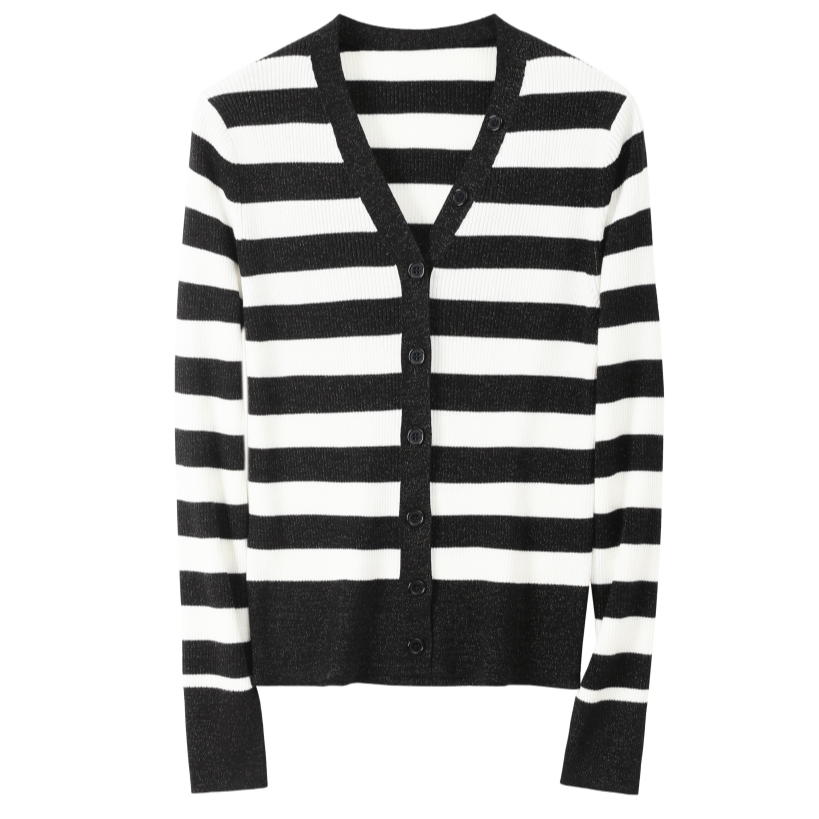 【条纹美学】优雅百搭V领条纹针织长袖开衫休闲毛衣女秋冬女款上衣