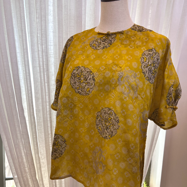 青羽家QYJ0104春夏季桑蚕丝欧根网绡纱宽松版圆领斜襟新中式衬衫