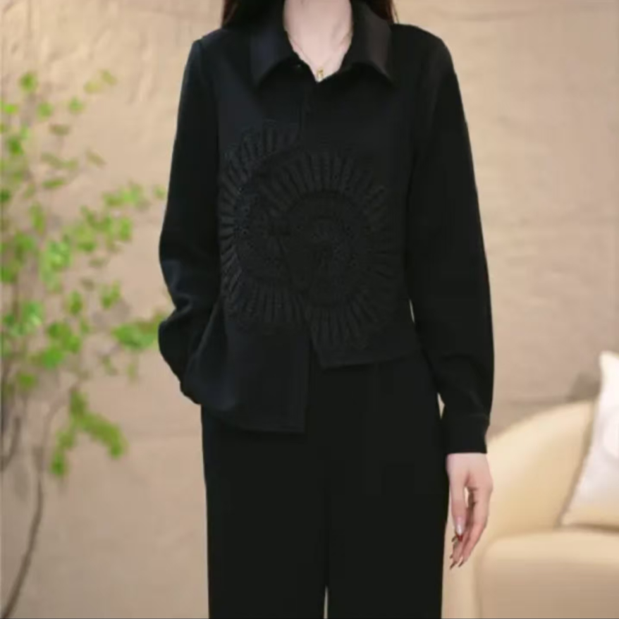 气质百搭2025春季爆款时尚绣花翻领显瘦长裤两件套套装