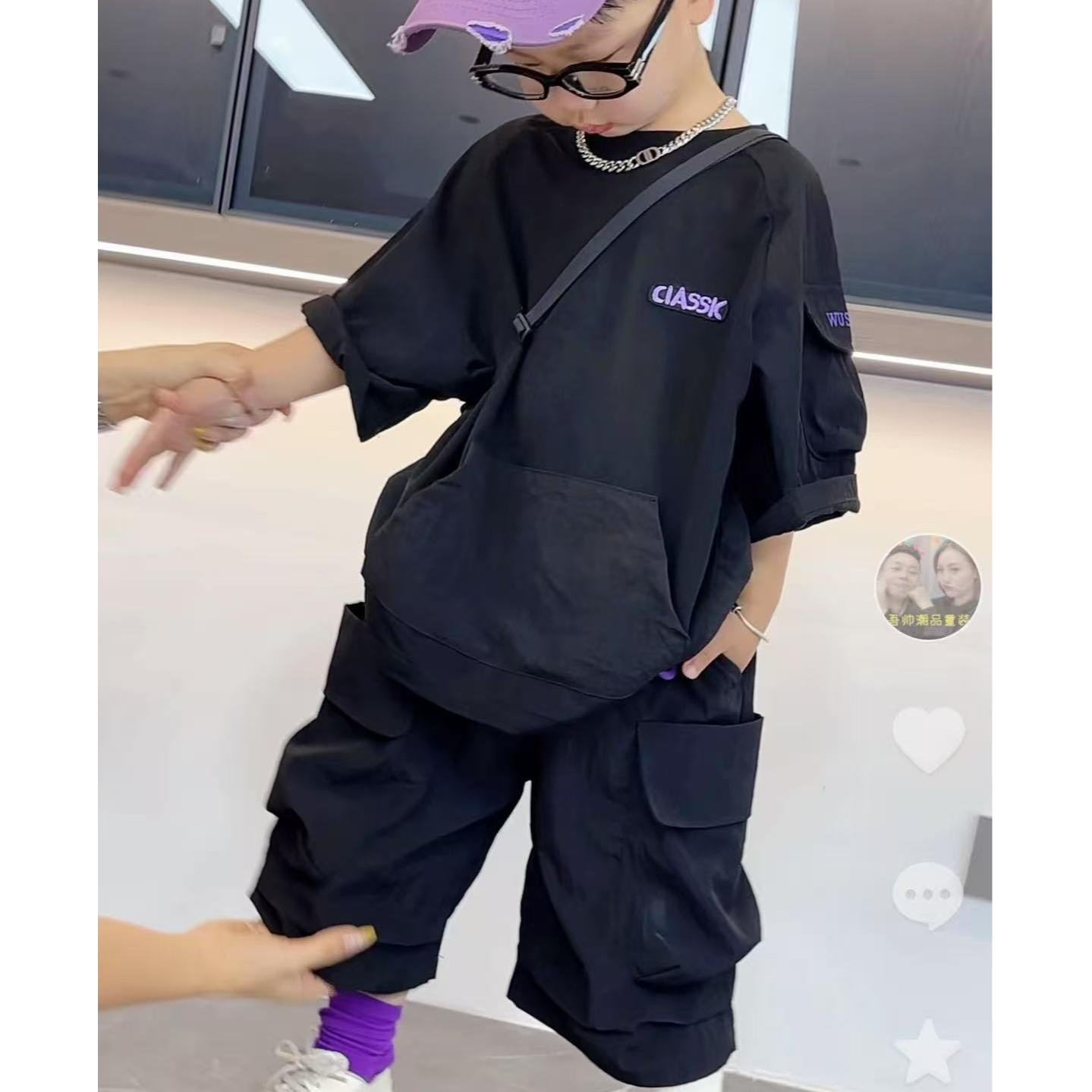 吾2025【Y】5月11日 儿童时尚潮酷黑色口袋短袖套装5283-