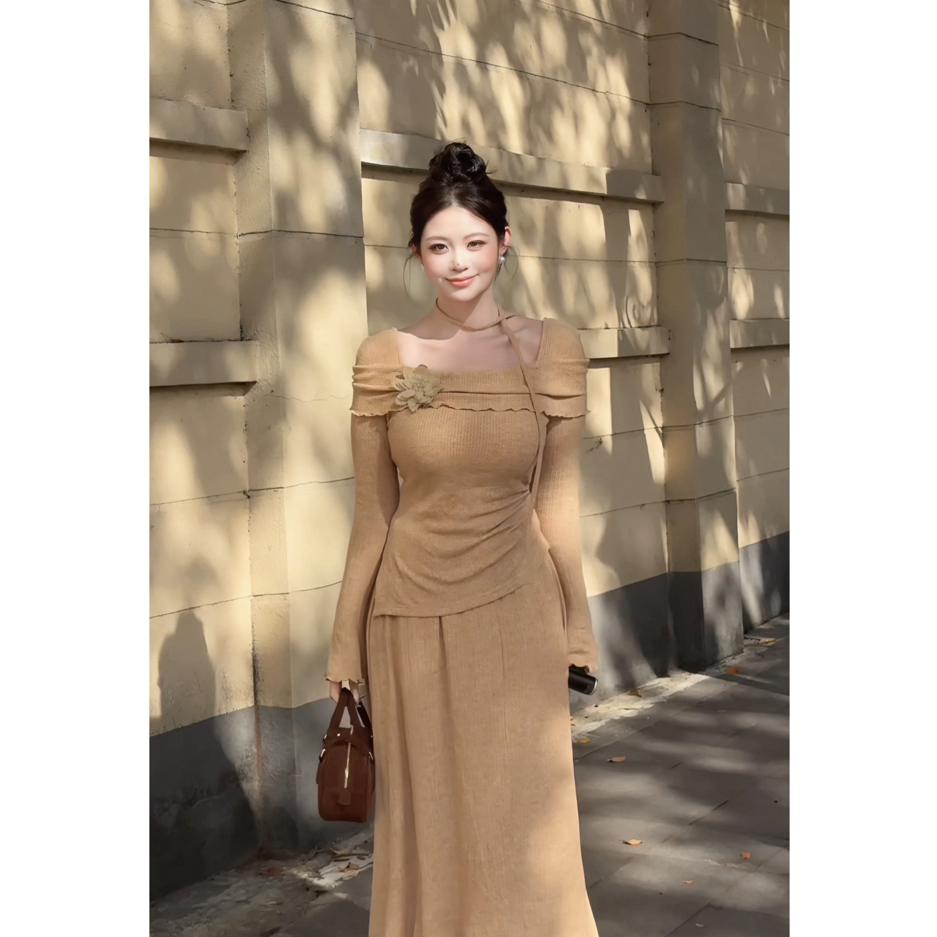 大码女装法式花朵方领上衣半身裙女2025秋季气质显瘦13319