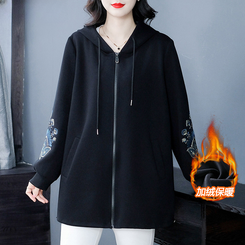 丹思慕2025秋冬季新款大码外套休闲连帽百搭时尚刺绣240082加绒