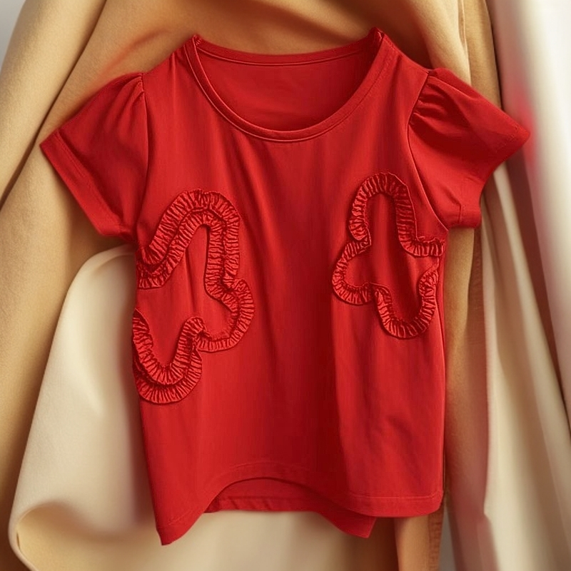 优儿宝贝1122106短袖百搭夏季女童圆领T恤时尚红色灯笼袖洋气