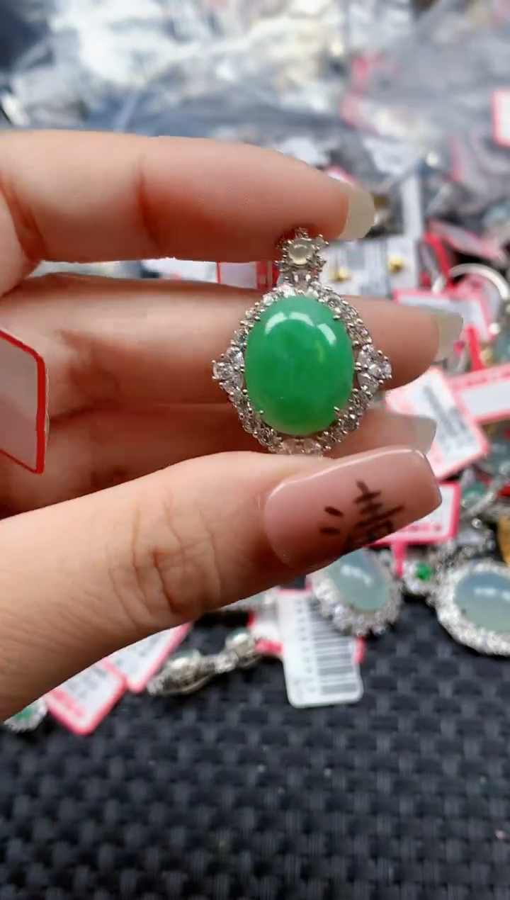 银S925镶嵌戒指翡翠天然A货缅甸翡翠
