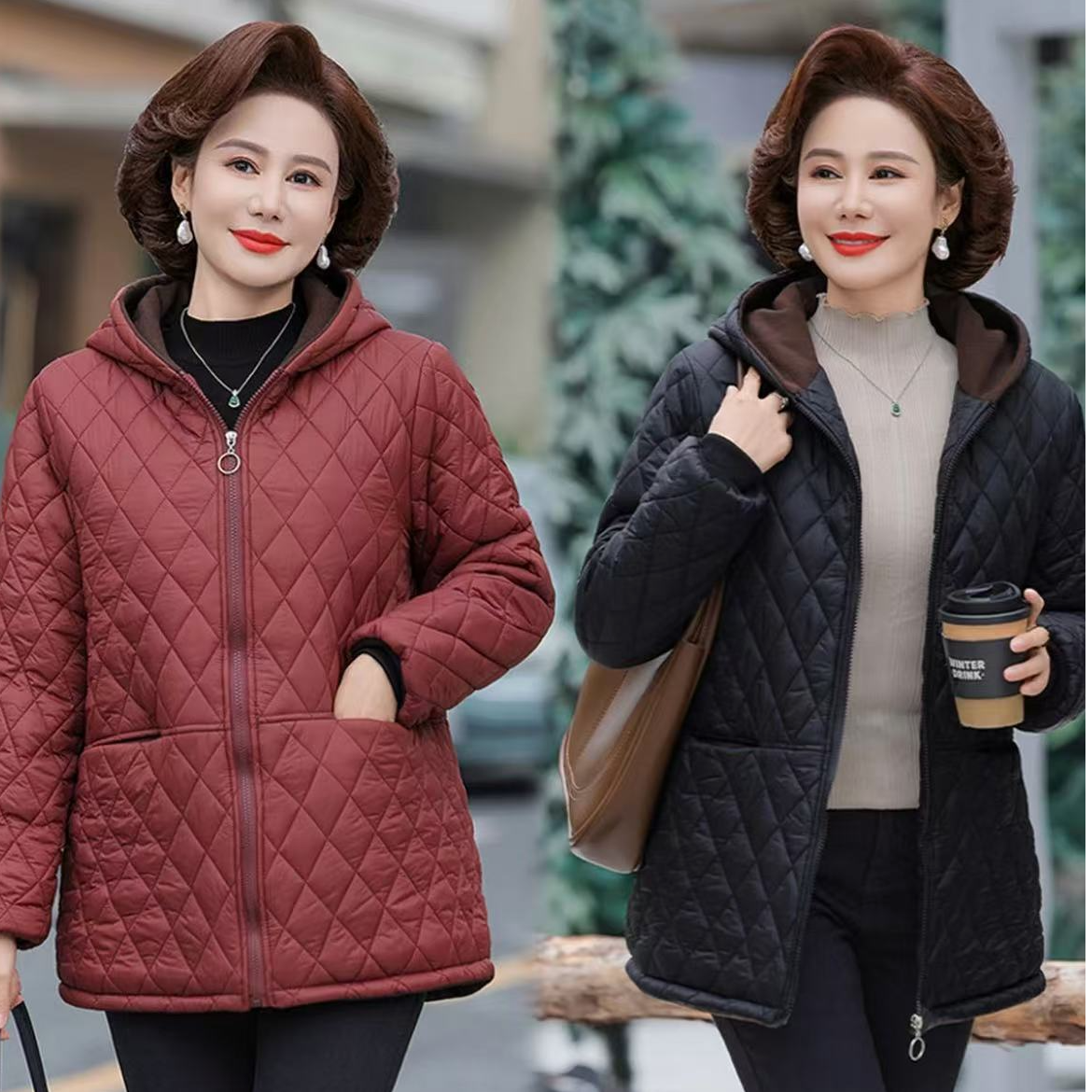 2137-保暖连帽秋冬菱格中老年女装厚冬季气质