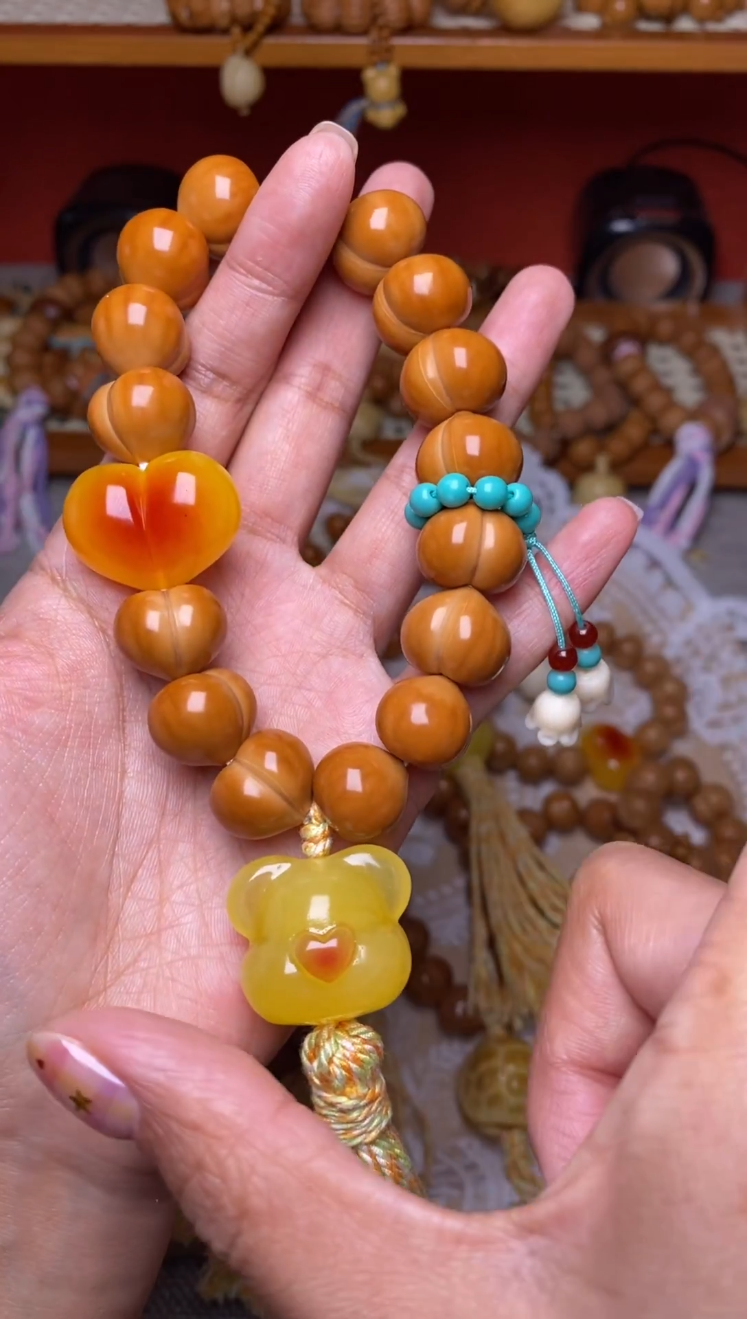 把件猴头核桃16玻璃底屁桃手持➕铃兰花菱爱心熊头流苏